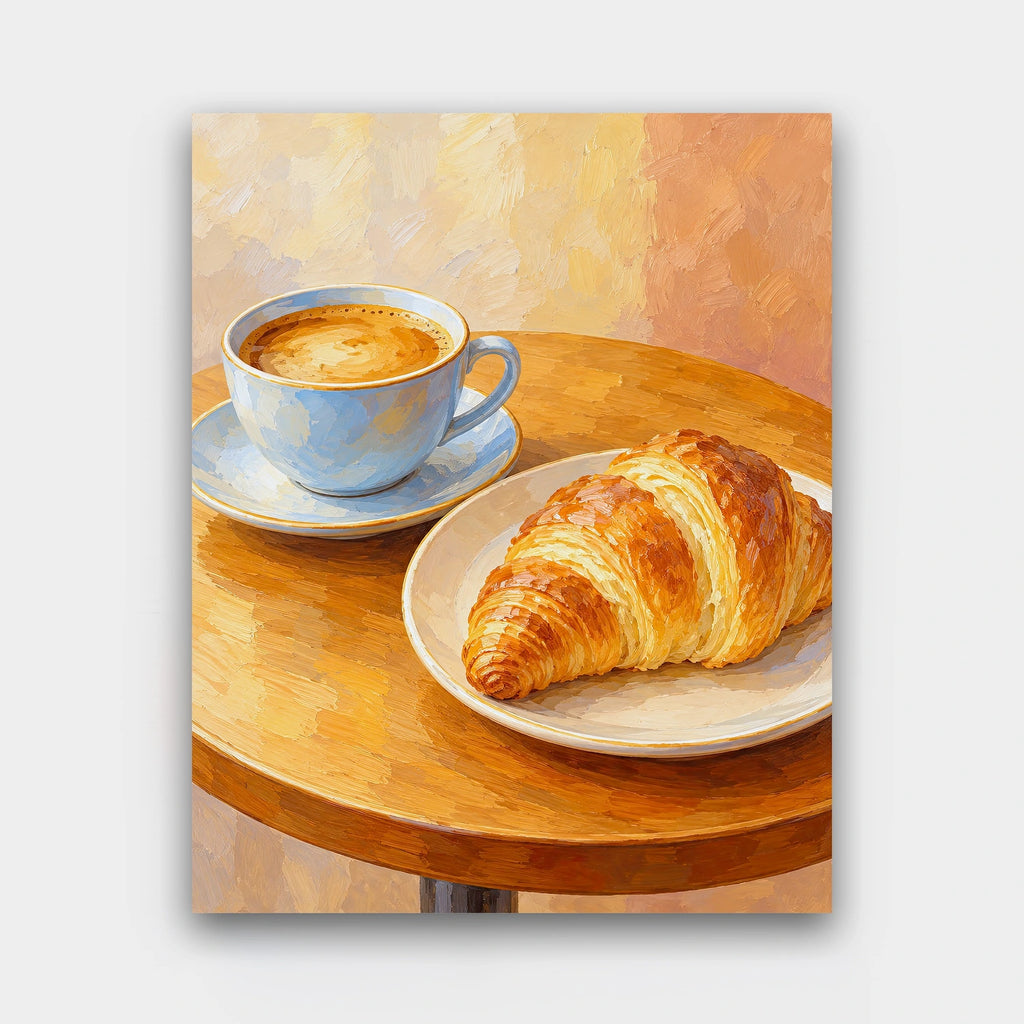 Morning Croissant paint by numbers kit of a cup of coffee and a golden croissant on a round wooden cafe table