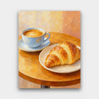 Morning Croissant paint by numbers kit of a cup of coffee and a golden croissant on a round wooden cafe table
