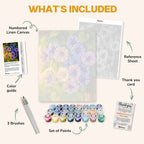 What's included in the Morning Glory paint by numbers kit: numbered linen canvas, reference sheet, color guide, 24 acrylic paints, 3 brushes and thank you card