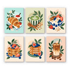 Morning Treats mini paint by numbers set: six breakfast designs of a croissant, matcha latte, granola, pancakes and iced coffee