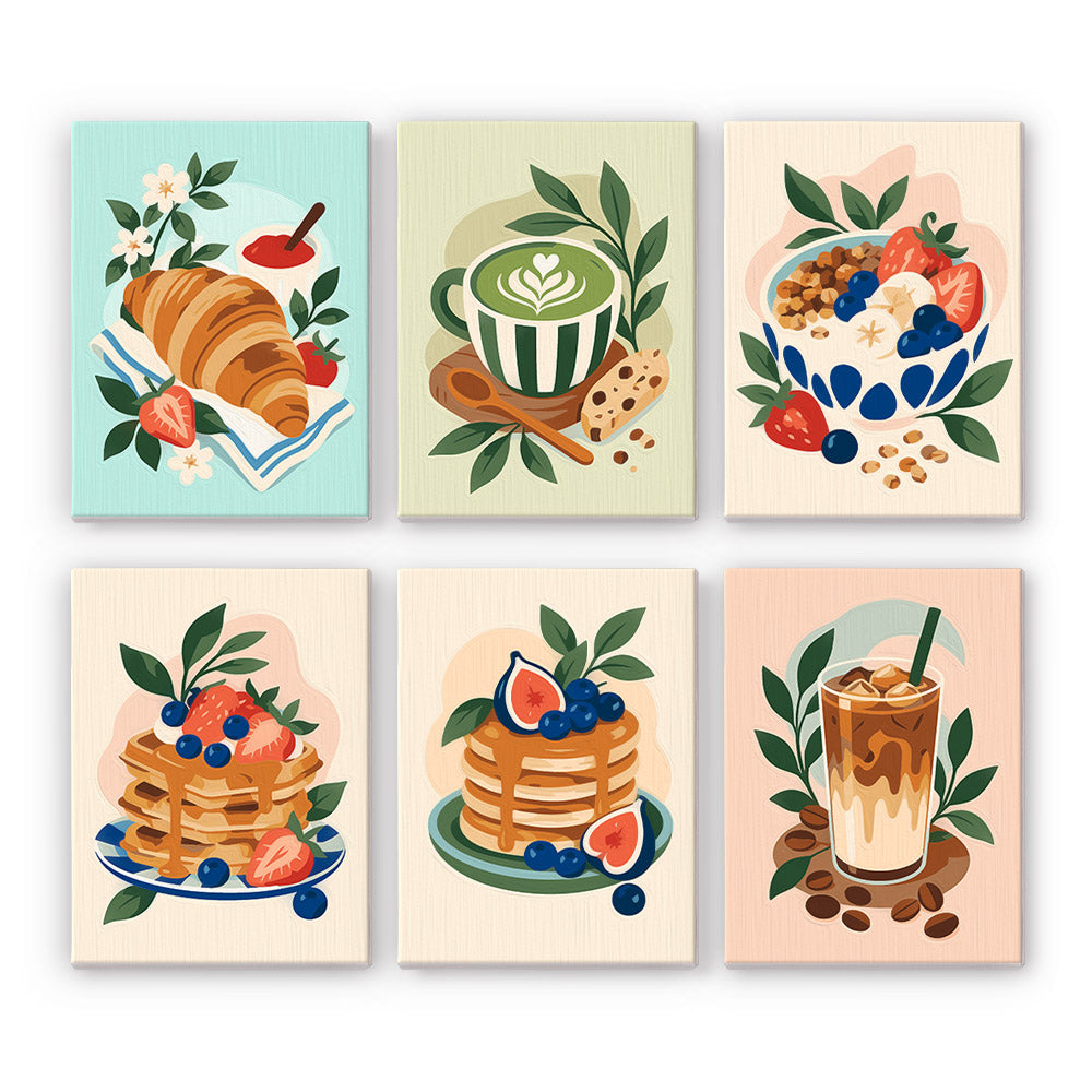 Morning Treats mini paint by numbers set: six breakfast designs of a croissant, matcha latte, granola, pancakes and iced coffee