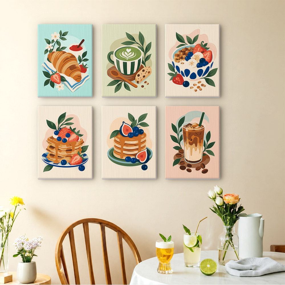 Morning Treats mini paintings displayed as a gallery wall in a sunny kitchen