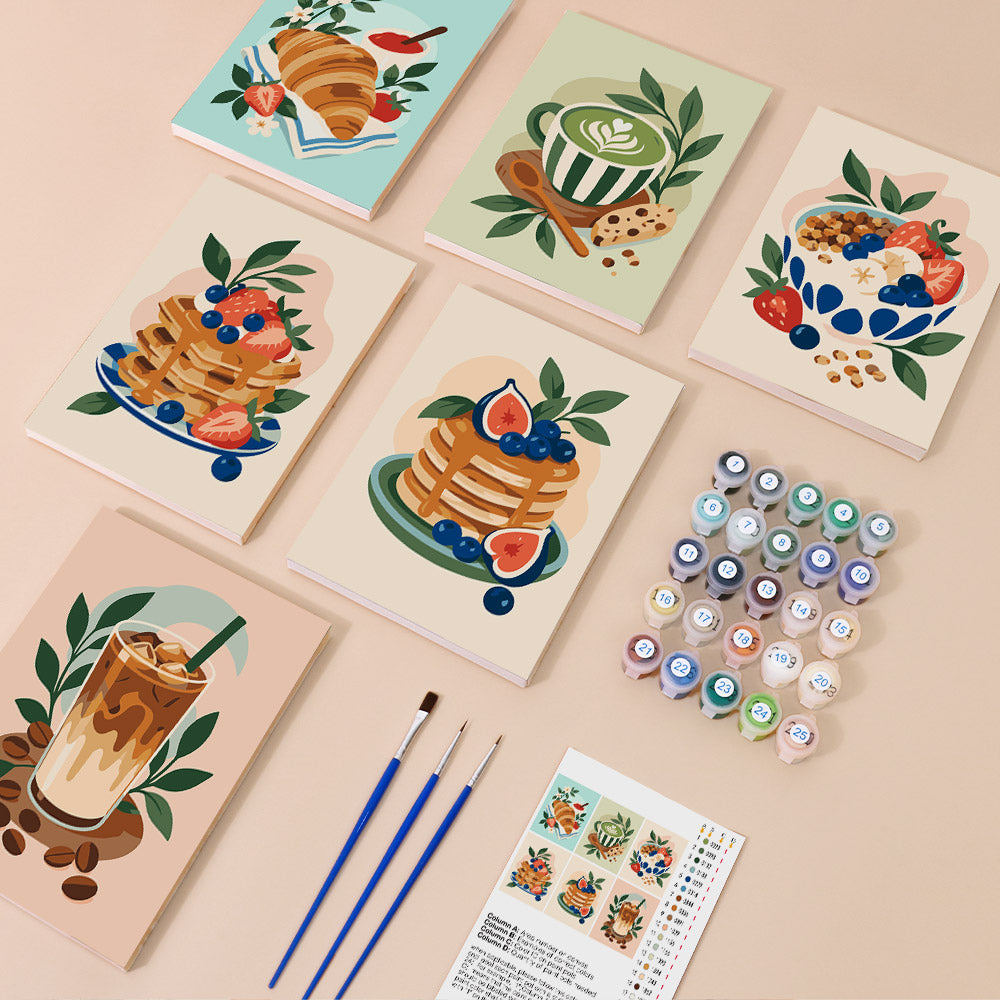 Morning Treats mini paint by numbers kit with six numbered canvases, acrylic paints, brushes and layout