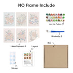 What's included without a frame: six rolled Morning Treats mini canvases, acrylic paints, three brushes and layout