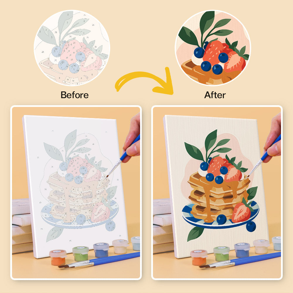 Before and after of a Morning Treats mini paint by numbers canvas
