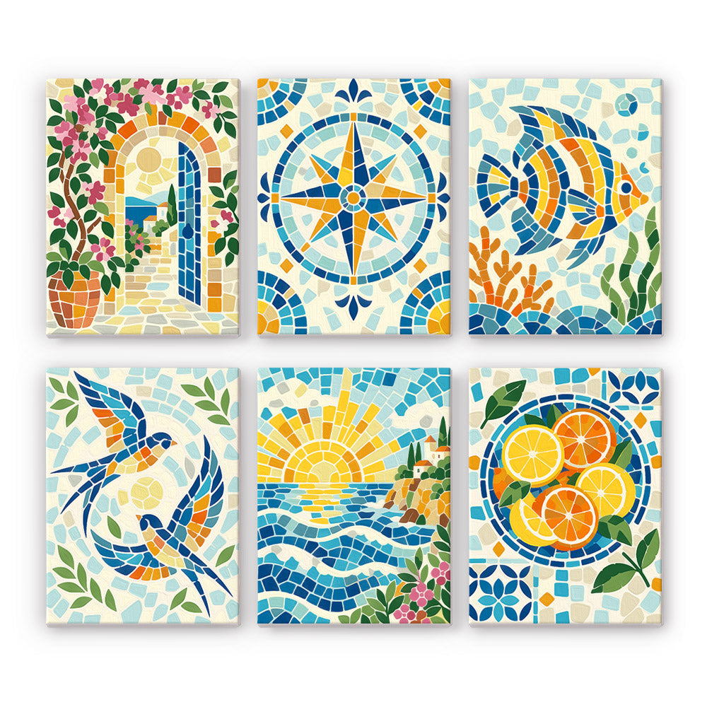 Mosaic Mediterranean mini paint by numbers set: six tile-mosaic designs of an archway, compass, fish, swallows, sunset and oranges