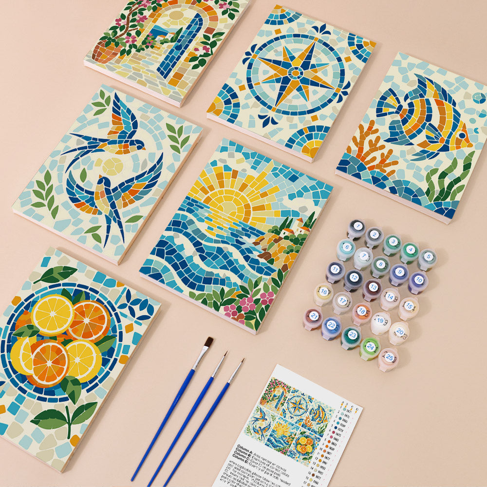 Mosaic Mediterranean mini paint by numbers kit with six numbered canvases, acrylic paints, brushes and layout