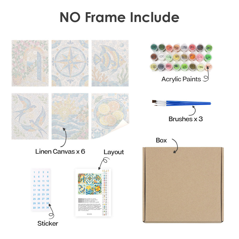 What's included without a frame: six rolled Mosaic Mediterranean mini canvases, acrylic paints, three brushes and layout