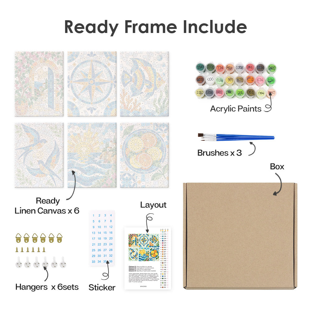 What's included pre-stretched on frame: six framed Mosaic Mediterranean mini canvases, paints, three brushes, hangers and layout