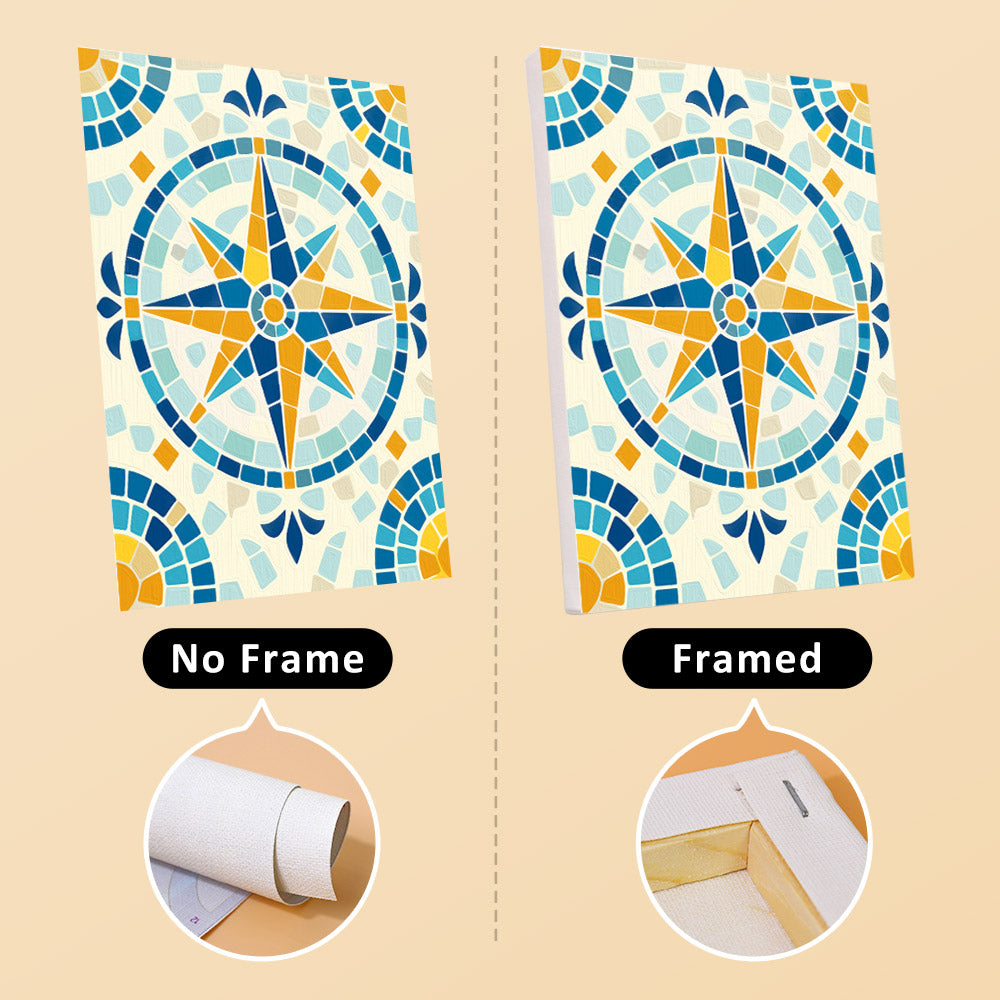 Mosaic Mediterranean mini canvas shown rolled without a frame and pre-stretched on a frame