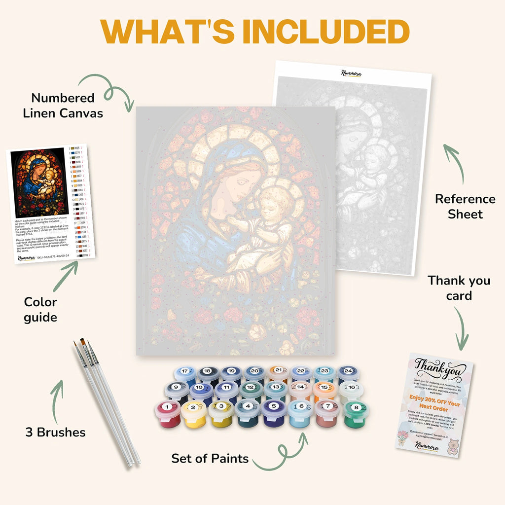 What's included in the Mother of Light paint by numbers kit: numbered linen canvas, reference sheet, color guide, 24 acrylic paints, 3 brushes and thank you card