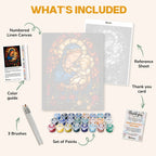 What's included in the Mother of Light paint by numbers kit: numbered linen canvas, reference sheet, color guide, 24 acrylic paints, 3 brushes and thank you card