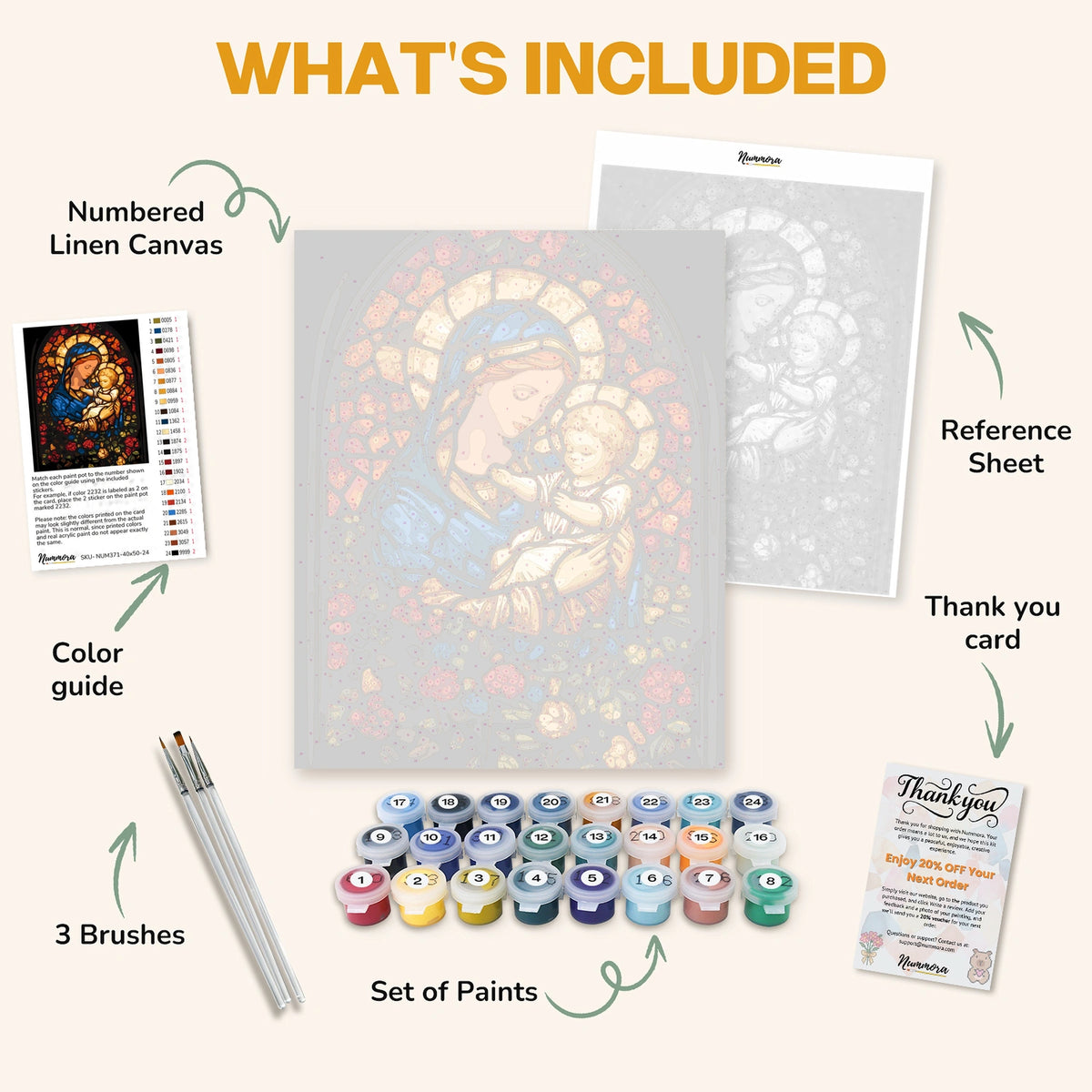 What's included in the Mother of Light paint by numbers kit: numbered linen canvas, reference sheet, color guide, 24 acrylic paints, 3 brushes and thank you card