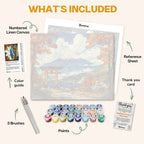 What's included in the Mount Fuji in Fall paint by numbers kit: numbered linen canvas, reference sheet, color guide, 24 acrylic paints, 3 brushes and thank you card