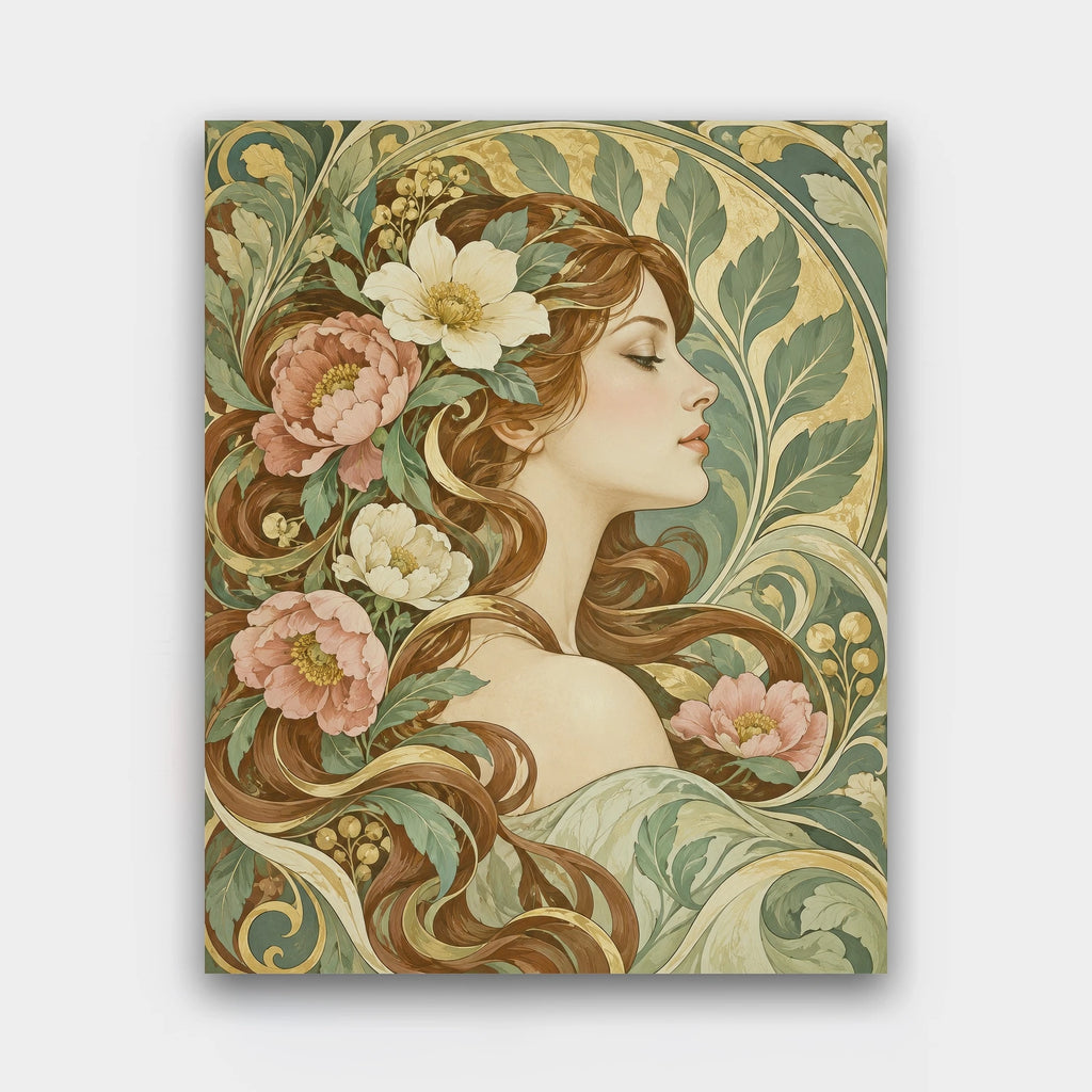 Muse of Flowers paint by numbers kit of a woman in profile with flowers woven into flowing auburn hair in Art Nouveau style