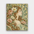 Muse of Flowers paint by numbers kit of a woman in profile with flowers woven into flowing auburn hair in Art Nouveau style