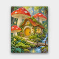 Mushroom Cottage paint by numbers kit of a round-doored cottage among giant red toadstools in a mossy forest with fireflies