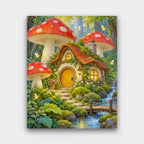 Mushroom Cottage paint by numbers kit of a round-doored cottage among giant red toadstools in a mossy forest with fireflies