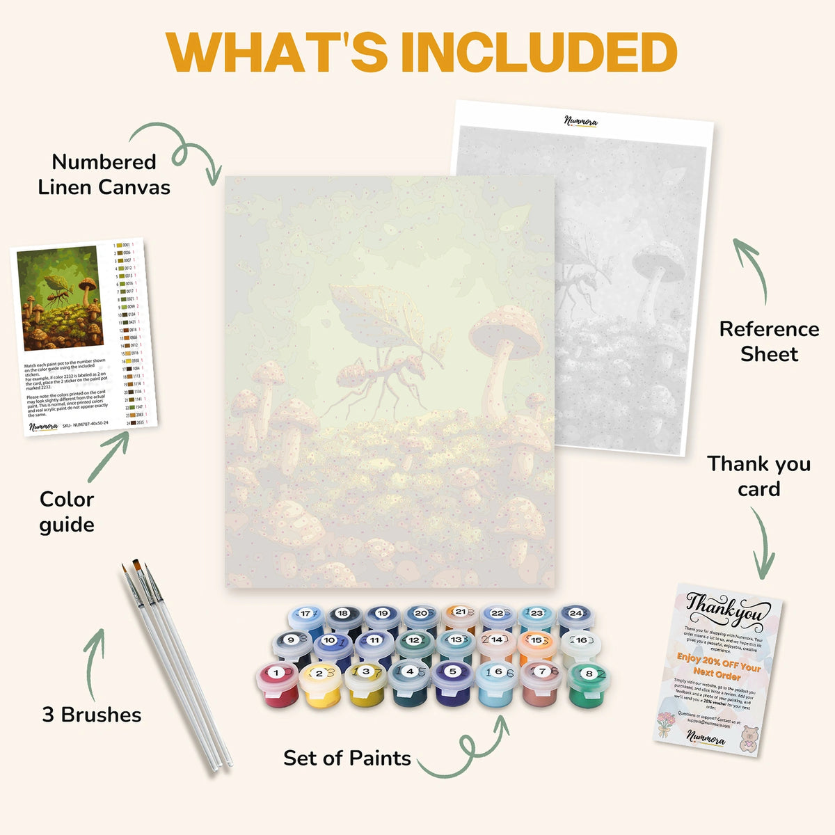 What's included in the Mushroom Explorer paint by numbers kit: numbered linen canvas, reference sheet, color guide, 24 acrylic paints, 3 brushes and thank you card
