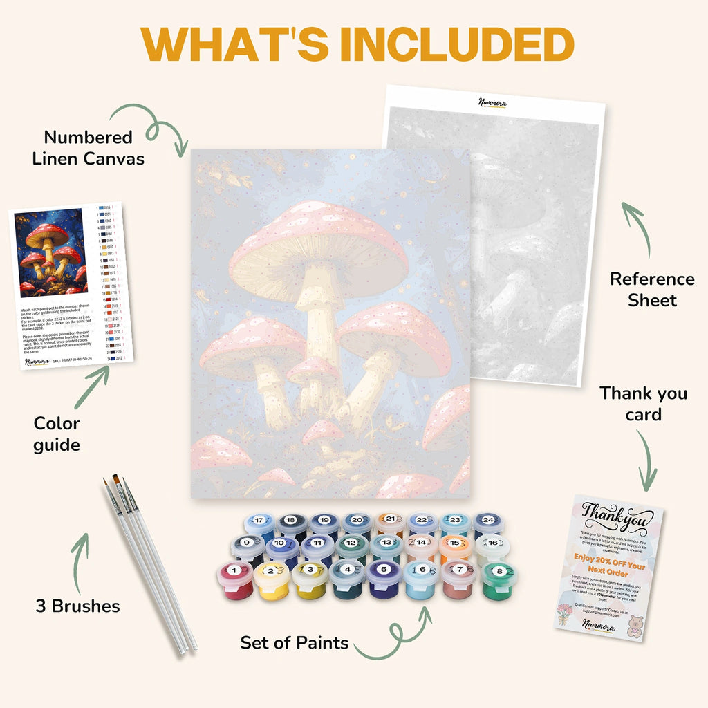 What's included in the Mushrooms at Midnight paint by numbers kit: numbered linen canvas, reference sheet, color guide, 24 acrylic paints, 3 brushes and thank you card