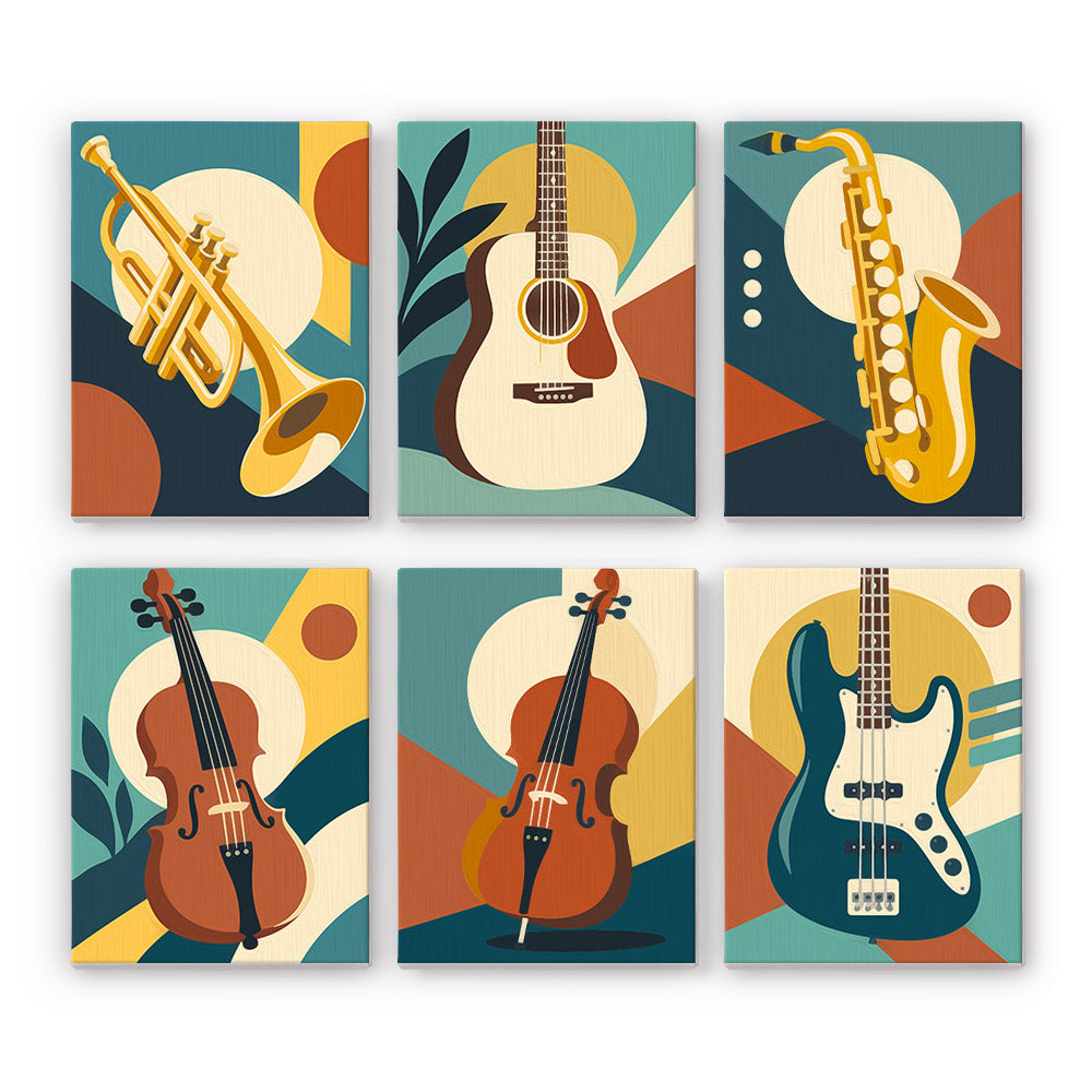 Music Makers mini paint by numbers set: six mid-century designs of a trumpet, guitar, saxophone, violin, cello and bass