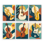 Music Makers mini paint by numbers set: six mid-century designs of a trumpet, guitar, saxophone, violin, cello and bass