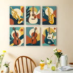 Music Makers mini paintings displayed as a gallery wall in a sunny kitchen