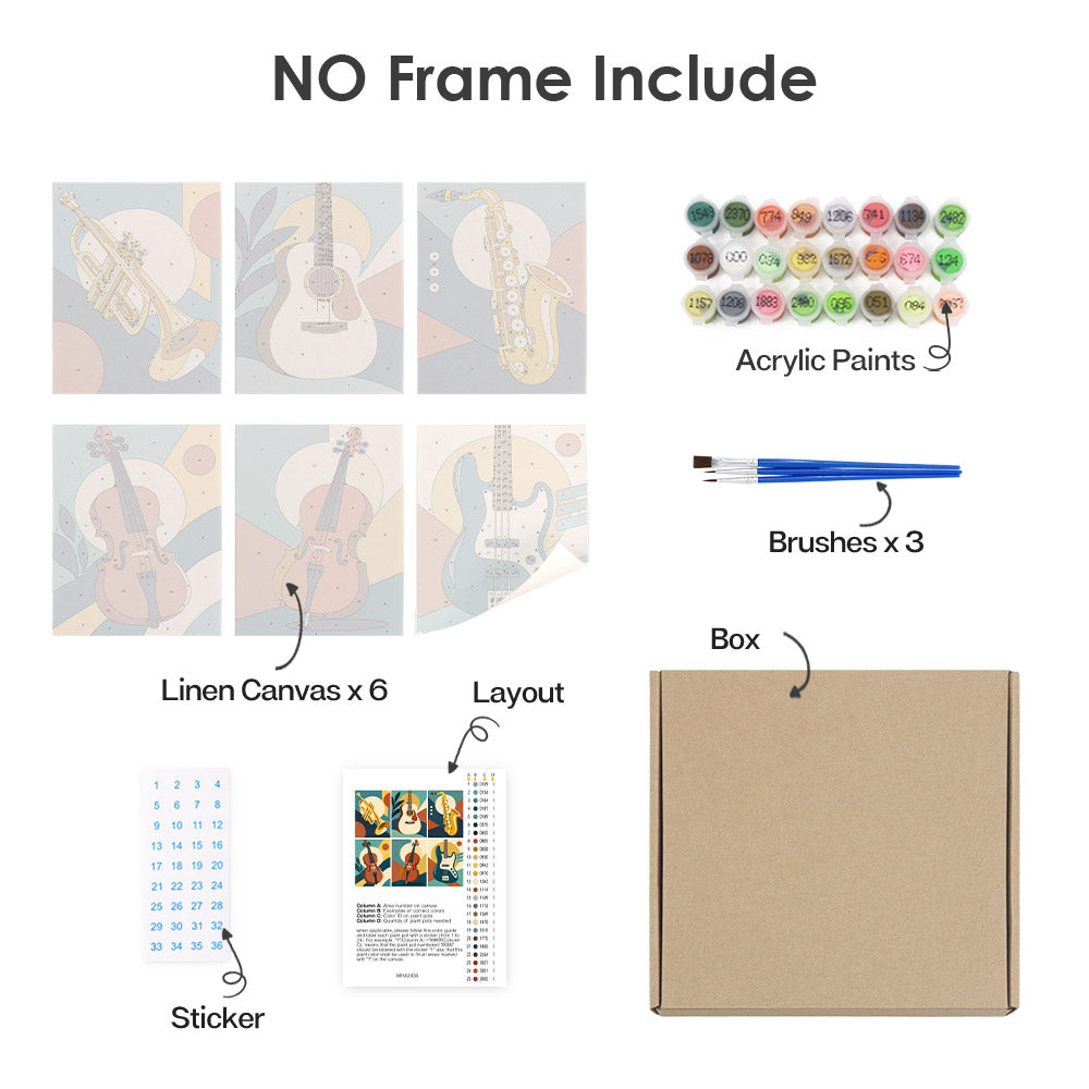 What's included without a frame: six rolled Music Makers mini canvases, acrylic paints, three brushes and layout