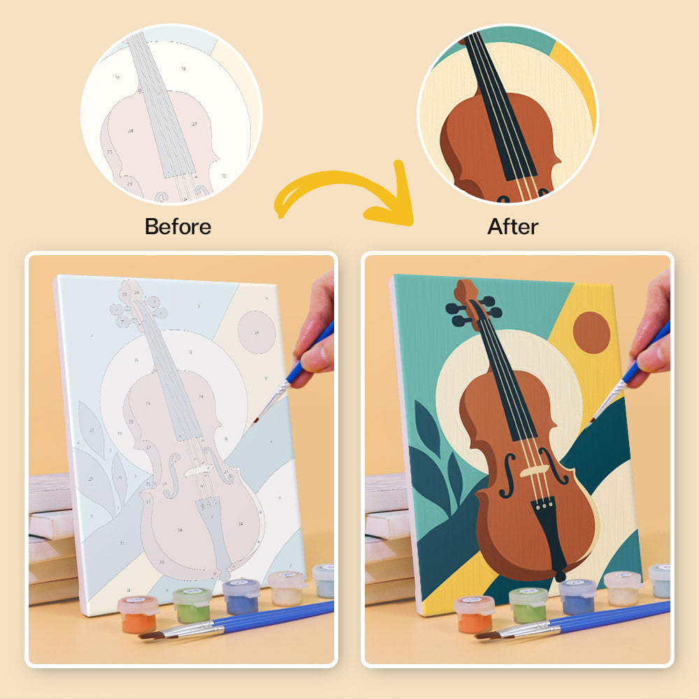 Before and after of a Music Makers mini paint by numbers canvas