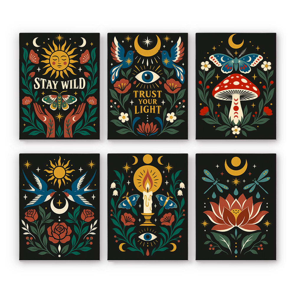 Mystic Folk mini paint by numbers set: six celestial folk-art designs on black with suns, moons, moths, swallows, a toadstool, a candle and a lotus