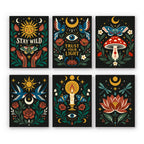 Mystic Folk mini paint by numbers set: six celestial folk-art designs on black with suns, moons, moths, swallows, a toadstool, a candle and a lotus