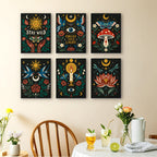 Mystic Folk mini paintings displayed as a gallery wall in a sunny kitchen