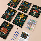 Mystic Folk mini paint by numbers kit with six numbered canvases, acrylic paints, brushes and layout