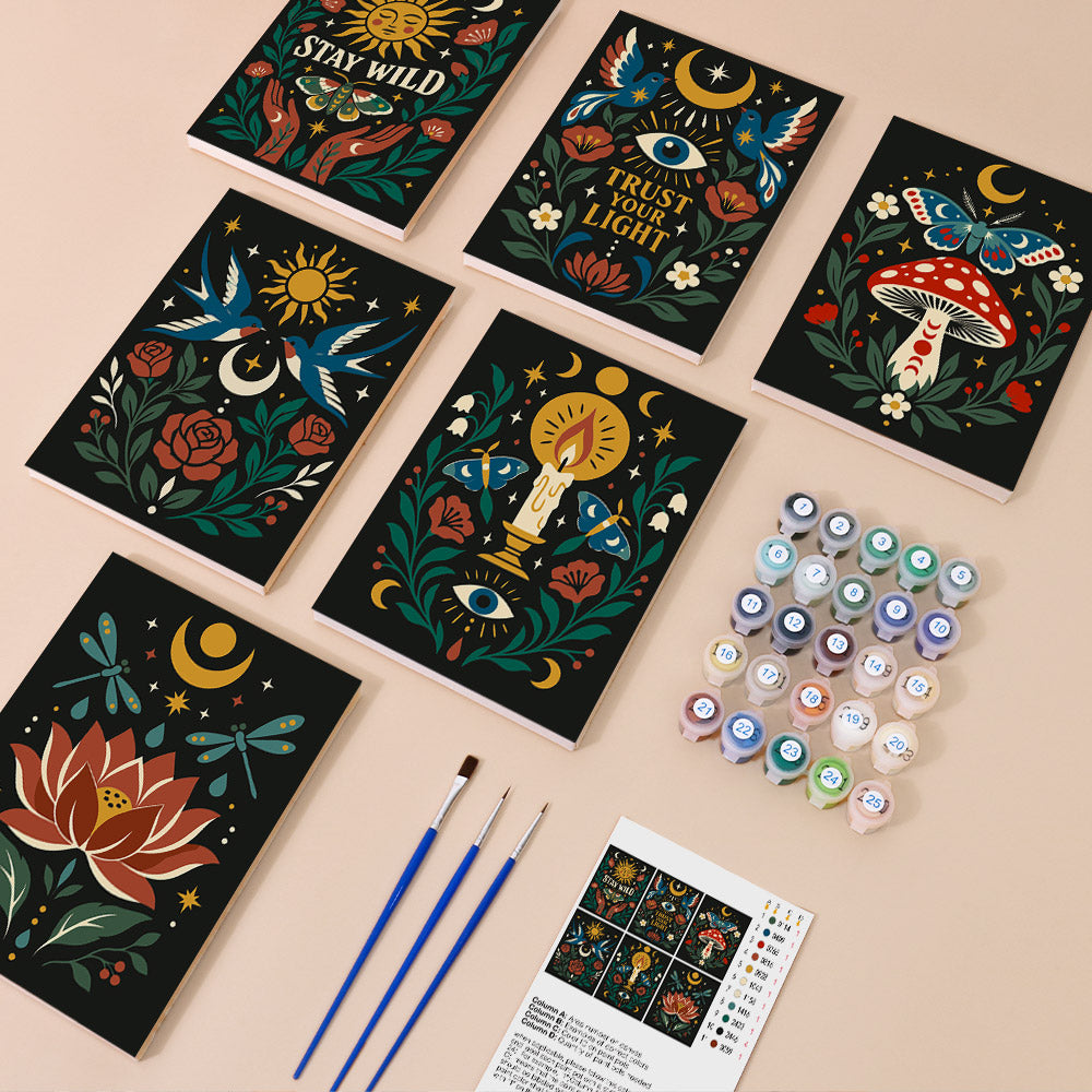 Mystic Folk mini paint by numbers kit with six numbered canvases, acrylic paints, brushes and layout