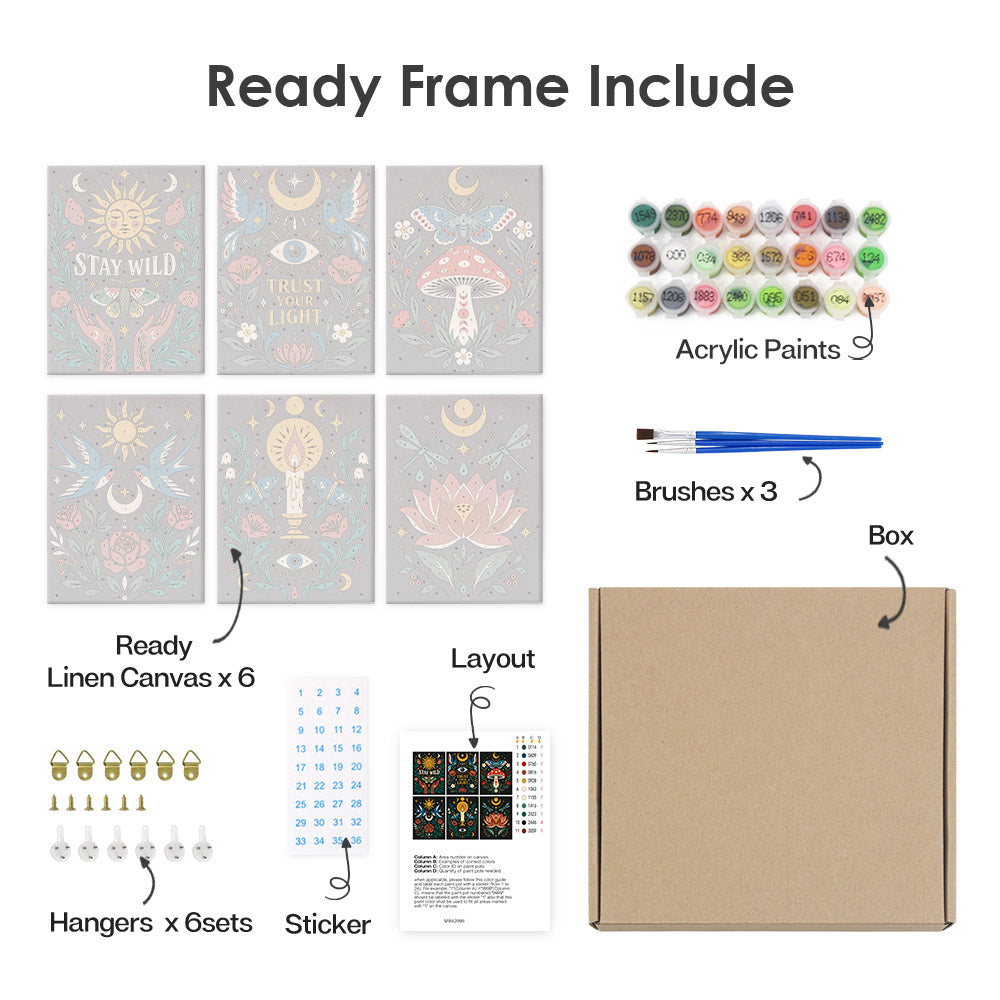 What's included pre-stretched on frame: six framed Mystic Folk mini canvases, paints, three brushes, hangers and layout