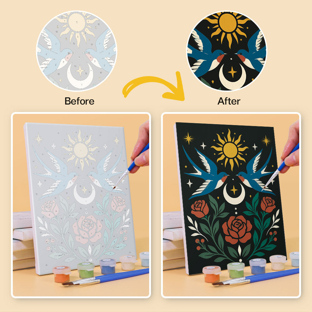 Before and after of a Mystic Folk mini paint by numbers canvas