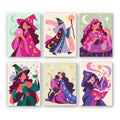 Mystic Moon Witches mini paint by numbers set: six celestial witches in pink and purple robes with crystal balls, tarot cards, potions and spellbooks