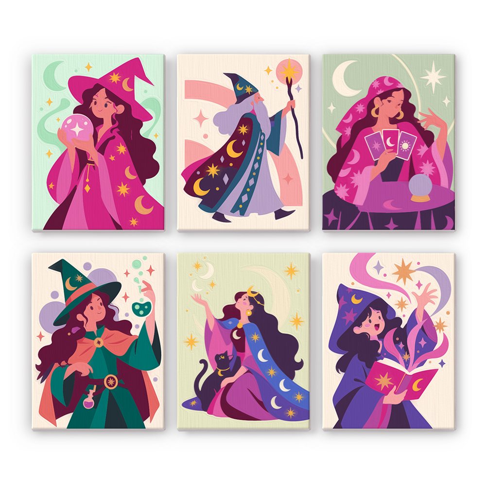 Mystic Moon Witches mini paint by numbers set: six celestial witches in pink and purple robes with crystal balls, tarot cards, potions and spellbooks