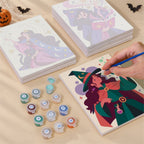 Painting one of the Mystic Moon Witches designs next to a stack of mini canvases