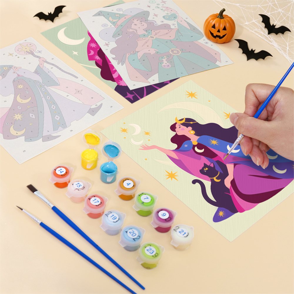 Filling in a Mystic Moon Witches mini canvas with numbered acrylic paints and a fine brush