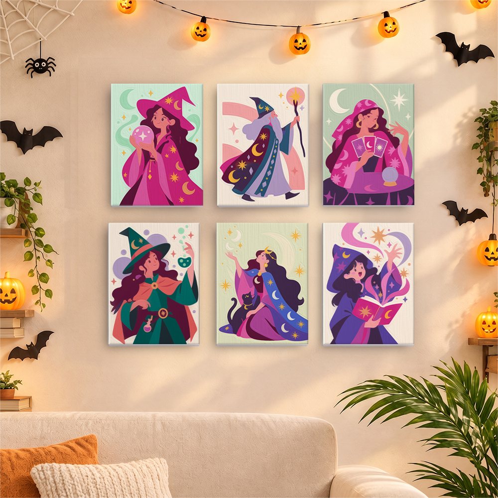 Six finished Mystic Moon Witches mini paintings hung on a wall above a table