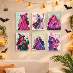 Six finished Mystic Moon Witches mini paintings hung on a wall above a table