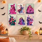 Mystic Moon Witches mini paintings displayed as a gallery wall in a sunny kitchen