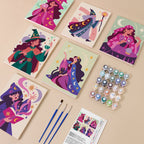 Mystic Moon Witches mini paint by numbers kit with six numbered canvases, acrylic paints, brushes and layout