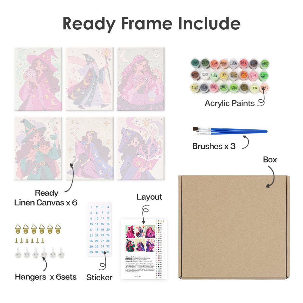 What's included pre-stretched on frame: six framed Mystic Moon Witches mini canvases, paints, three brushes, hangers and layout