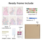 What's included pre-stretched on frame: six framed Mystic Moon Witches mini canvases, paints, three brushes, hangers and layout