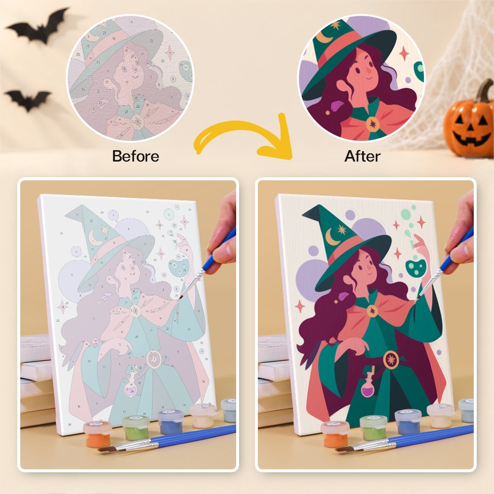 Before and after of a Mystic Moon Witches mini paint by numbers canvas