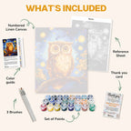 What's included in the Mystical Owl paint by numbers kit: numbered linen canvas, reference sheet, color guide, 24 acrylic paints, 3 brushes and thank you card