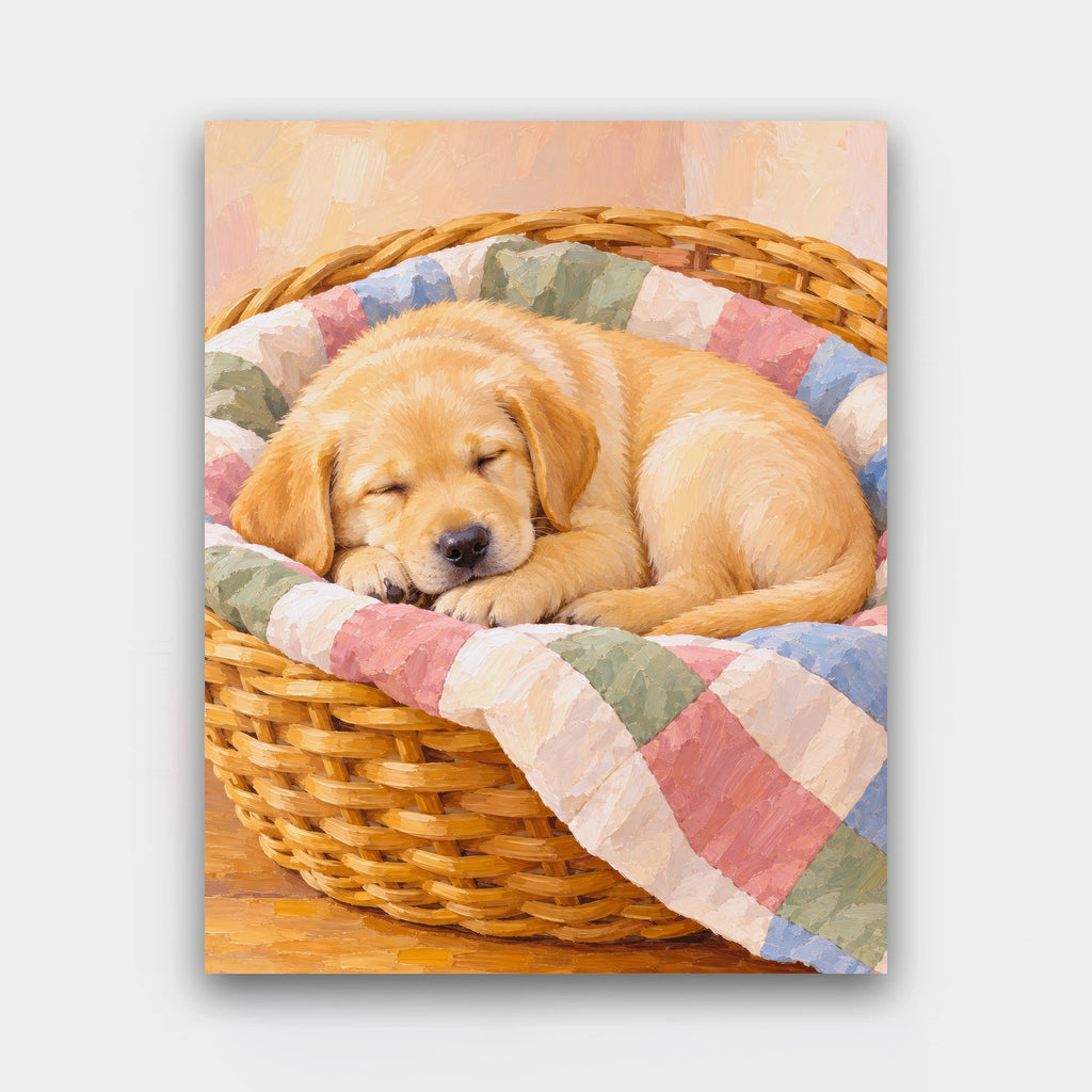 Napping Lab Puppy paint by numbers kit of a sleeping yellow Labrador puppy curled in a wicker basket with a patchwork quilt