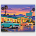 Neon Motel at Dusk paint by numbers kit of a mid-century roadside motel at dusk with a glowing neon sign and vintage cars